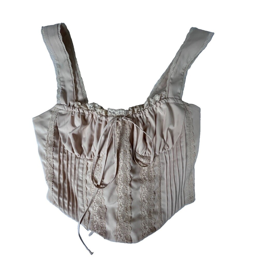 Corset chemise lined laced boned back side zip wide strap with lace pleats Sz S